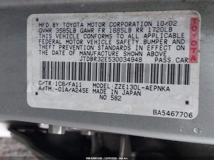 2003 Toyota Corolla Le VIN: JTDBR32E530034948 Lot: 43851150