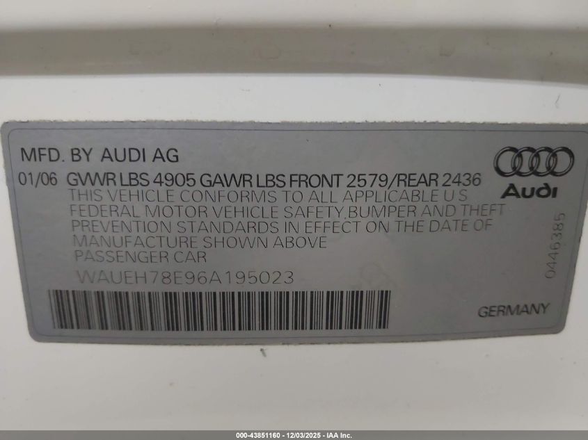 2006 Audi A4 3.2 VIN: WAUEH78E96A195023 Lot: 43851160