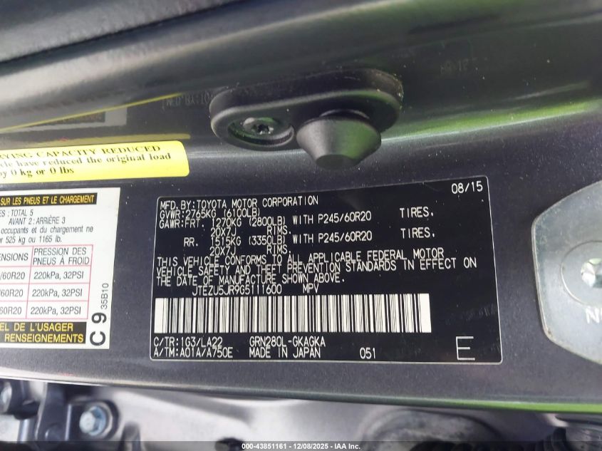 2016 Toyota 4Runner Limited VIN: JTEZU5JR9G5111600 Lot: 43851161