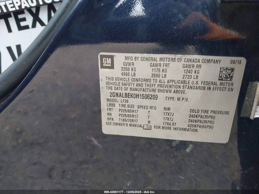 2017 Chevrolet Equinox Ls VIN: 2GNALBEK0H1506209 Lot: 43851177