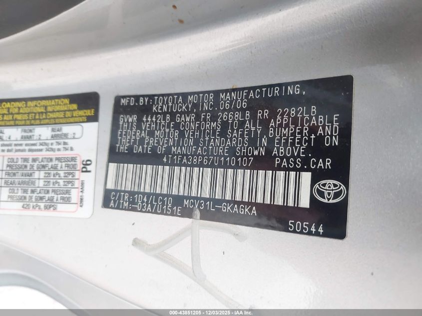 2007 Toyota Camry Solara Sle VIN: 4T1FA38P67U110107 Lot: 43851205