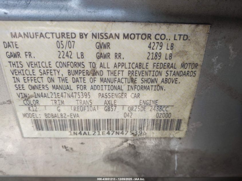 2007 Nissan Altima 2.5 S VIN: 1N4AL21E47N475395 Lot: 43851213