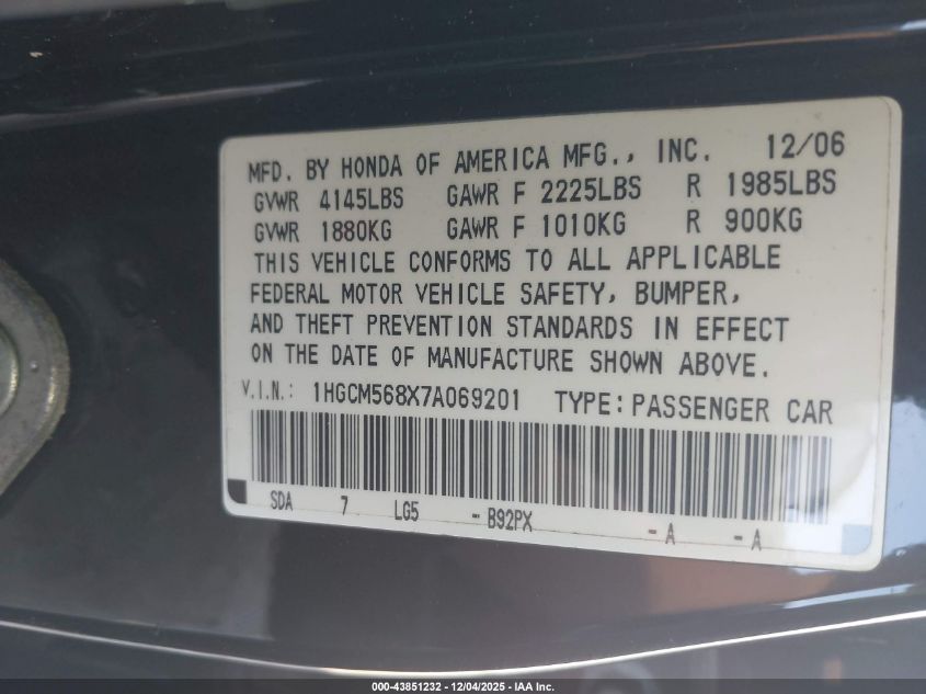 2007 Honda Accord 2.4 Ex VIN: 1HGCM568X7A069201 Lot: 43851232