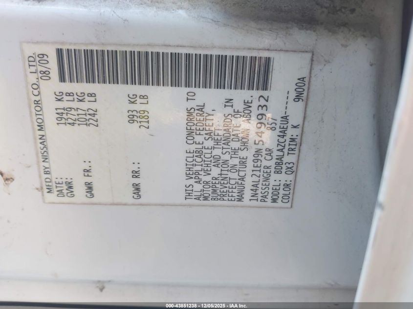 2009 Nissan Altima 2.5 VIN: 1N4AL21E99N549932 Lot: 43851238