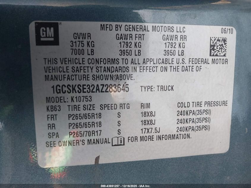 2010 Chevrolet Silverado 1500 Lt VIN: 1GCSKSE32AZ283645 Lot: 43851257
