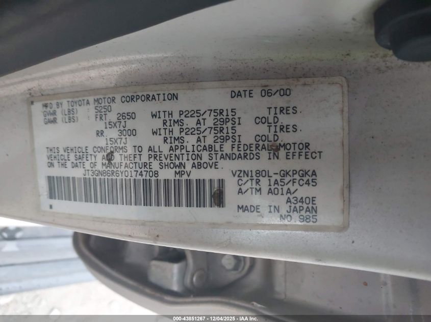 2000 Toyota 4Runner Sr5 V6 VIN: JT3GN86R6Y0174708 Lot: 43851267