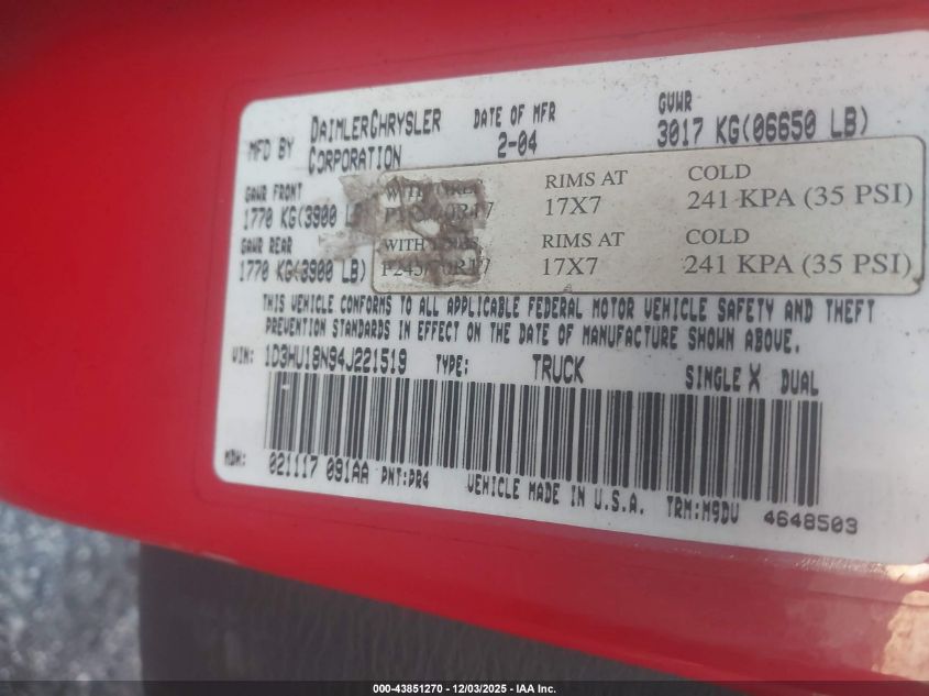 2004 Dodge Ram 1500 Slt/Laramie VIN: 1D3HU18N94J221519 Lot: 43851270