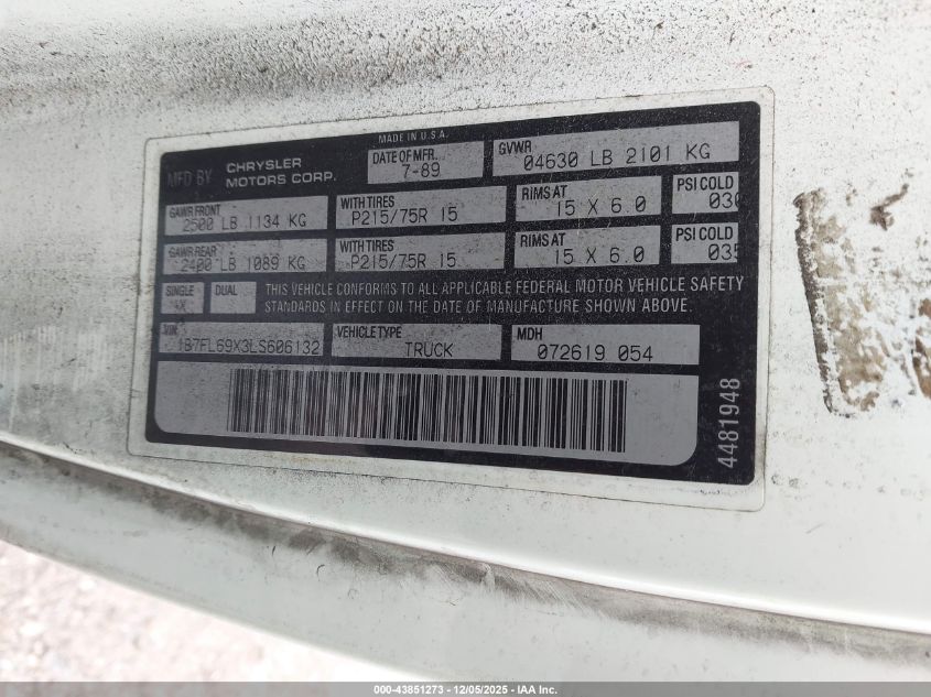 1990 Dodge Dakota Sport VIN: 1B7FL69X3LS606132 Lot: 43851273