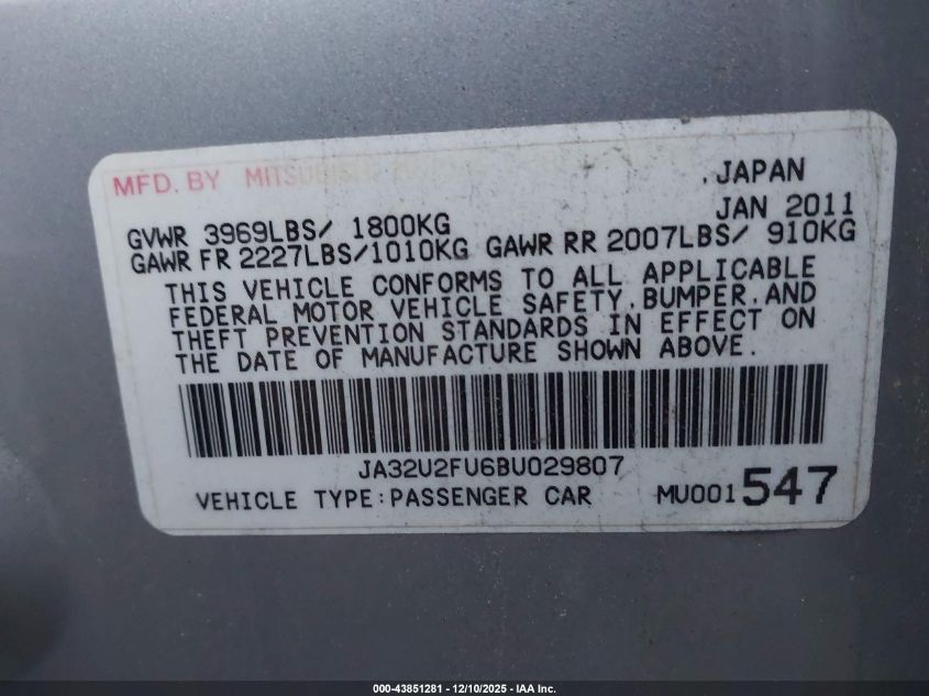 2011 Mitsubishi Lancer Es VIN: JA32U2FU6BU029807 Lot: 43851281