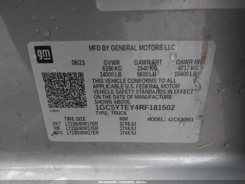 2024 Chevrolet Silverado 3500Hd 4Wd Long Bed Lt VIN: 1GC5YTEY4RF181502 Lot: 43851287