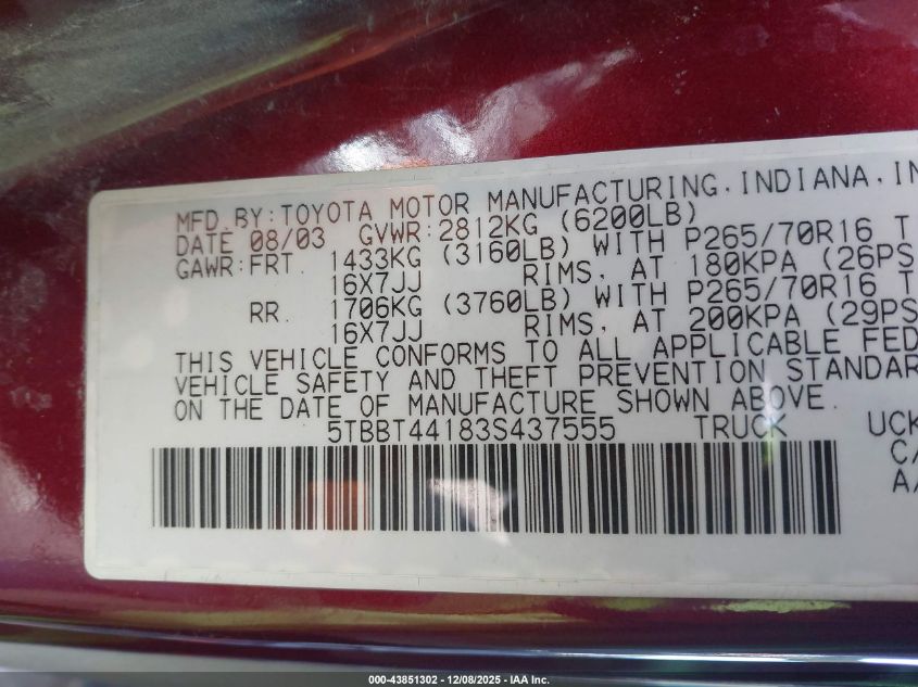 2003 Toyota Tundra Sr5 V8 VIN: 5TBBT44183S437555 Lot: 43851302