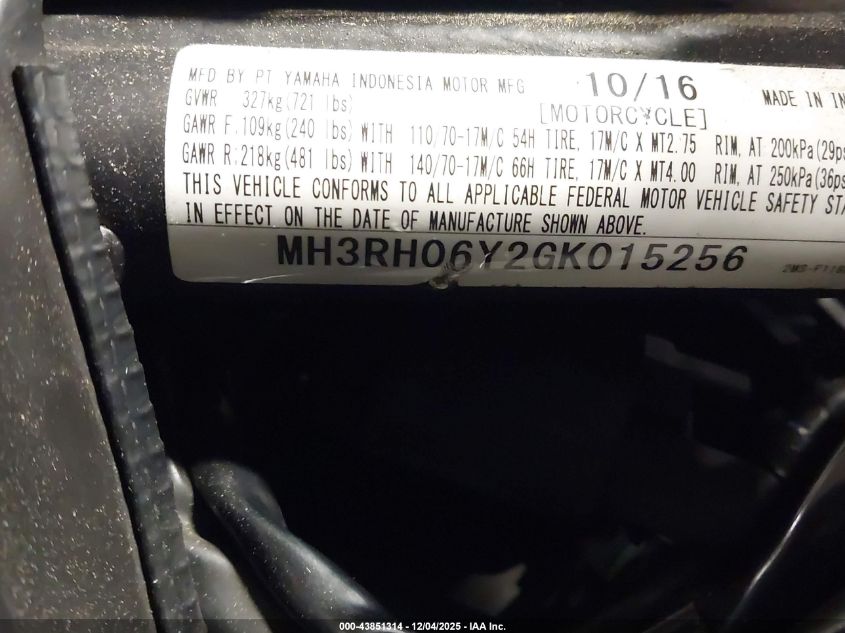 2016 Yamaha Yzfr3 VIN: MH3RH06Y2GK015256 Lot: 43851314