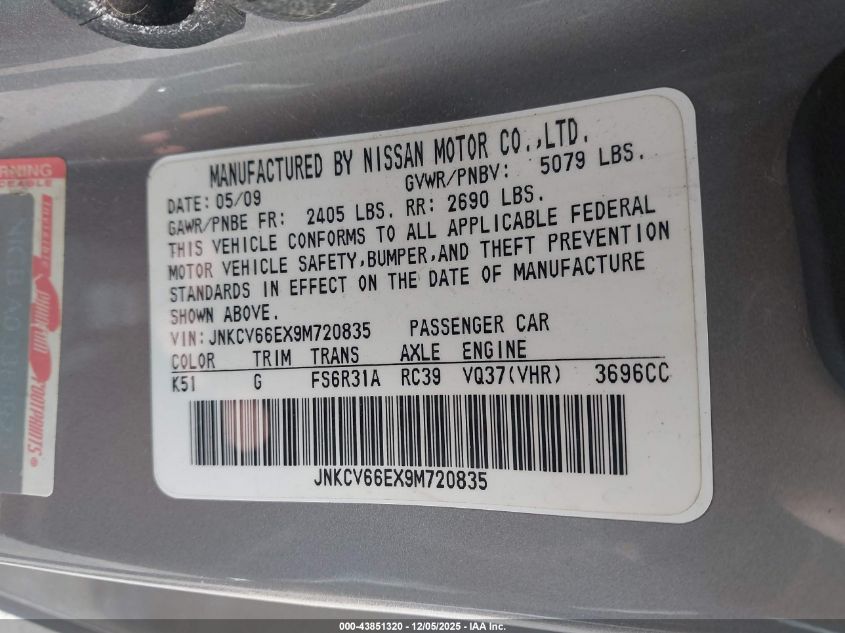 2009 Infiniti G37 Sport VIN: JNKCV66EX9M720835 Lot: 43851320
