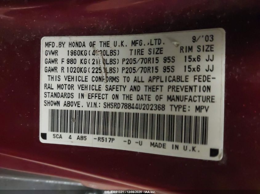 2004 Honda Cr-V Ex VIN: SHSRD78844U202368 Lot: 43851321