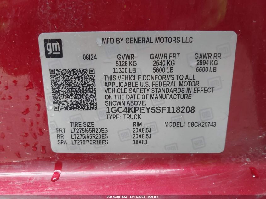 2025 Chevrolet Silverado 2500Hd 4Wd Standard Bed Ltz VIN: 1GC4KPEY5SF118208 Lot: 43851323