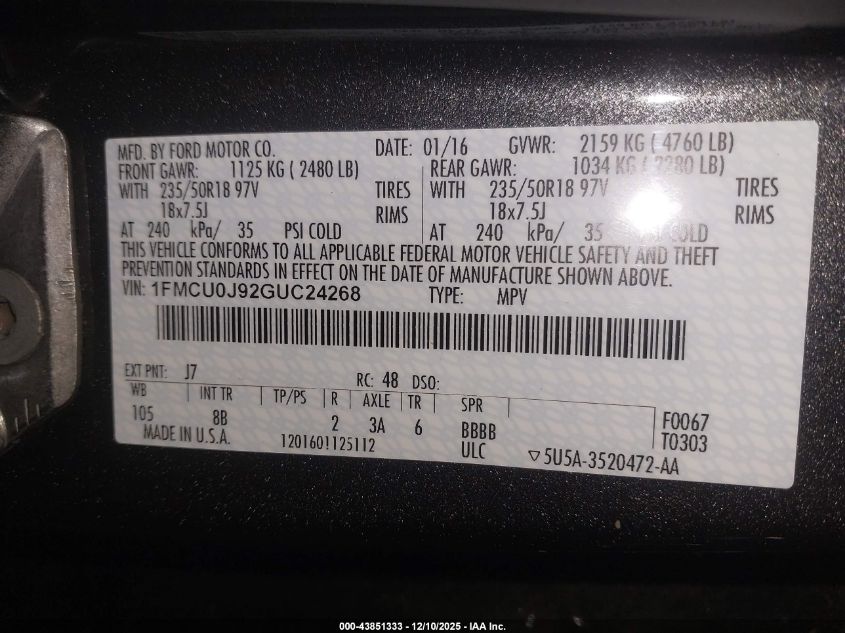 2016 Ford Escape Titanium VIN: 1FMCU0J92GUC24268 Lot: 43851333