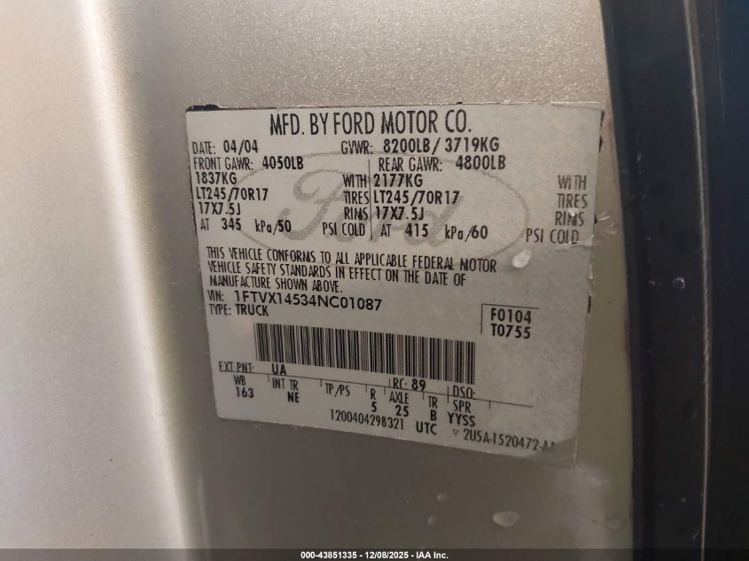 2005 Ford F-150 Fx4/Lariat/Xl/Xlt VIN: 1FTPX14595FA10360 Lot: 43851335