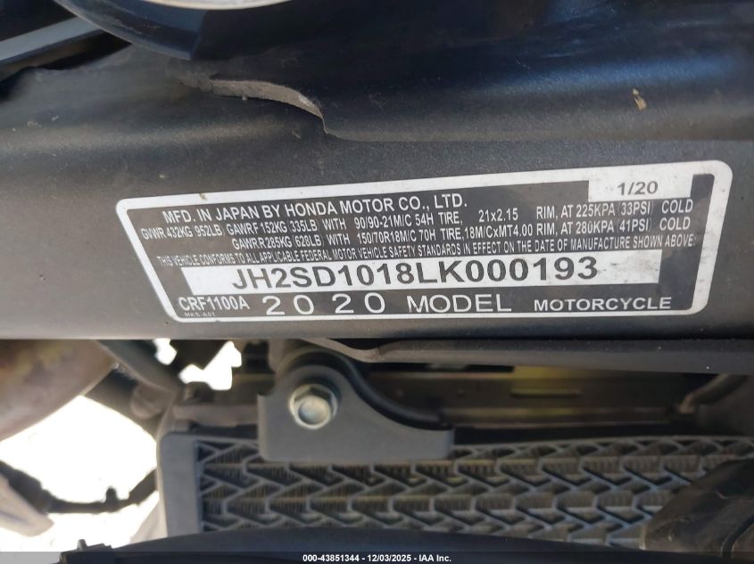 2020 Honda Crf1100 A VIN: JH2SD1018LK000193 Lot: 43851344