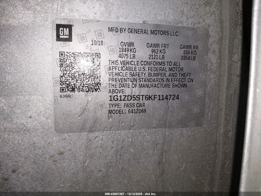 2019 Chevrolet Malibu Lt VIN: 1G1ZD5ST6KF114724 Lot: 43851367