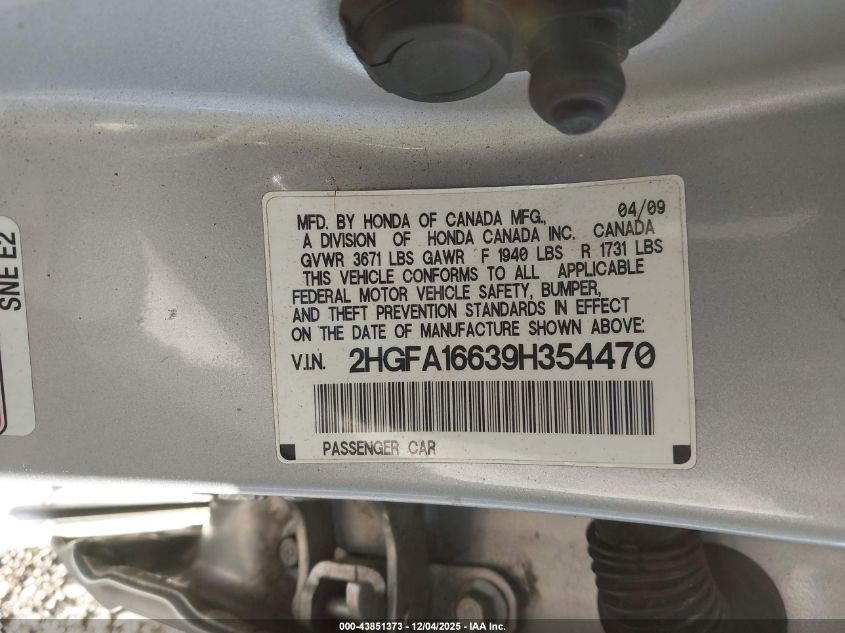 2009 Honda Civic Lx-S VIN: 2HGFA16639H354470 Lot: 43851373