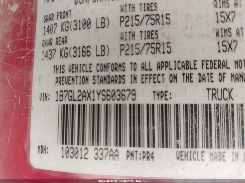 2000 Dodge Dakota Slt/Sport VIN: 1B7GL2AX1YS603679 Lot: 43851379
