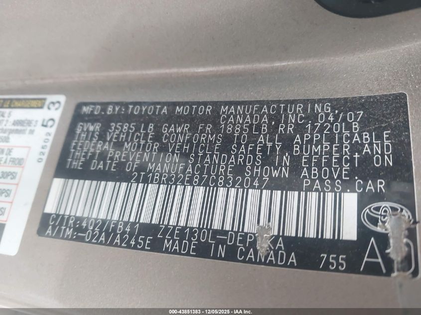 2007 Toyota Corolla Le VIN: 2T1BR32E87C832047 Lot: 43851383