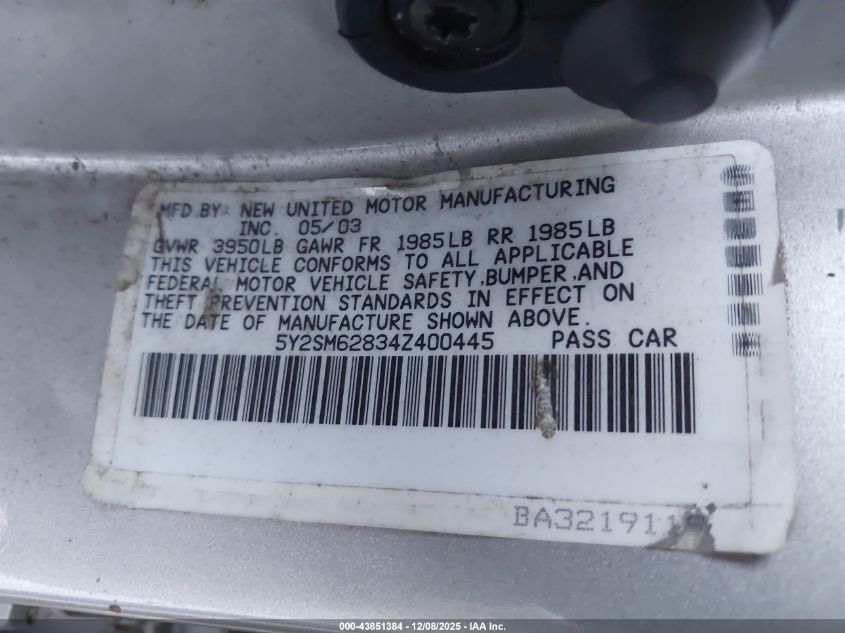 2004 Pontiac Vibe VIN: 5Y2SM62834Z400445 Lot: 43851384