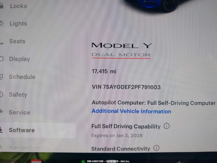 2023 Tesla Model Y Performance Dual Motor All-Wheel Drive VIN: 7SAYGDEF2PF791603 Lot: 43851388