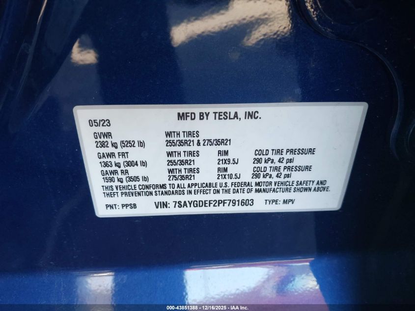 2023 Tesla Model Y Performance Dual Motor All-Wheel Drive VIN: 7SAYGDEF2PF791603 Lot: 43851388
