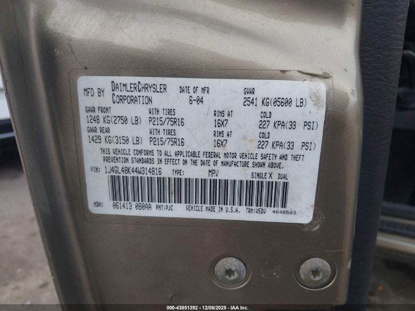 2004 Jeep Liberty Sport VIN: 1J4GL48K44W314816 Lot: 43851392