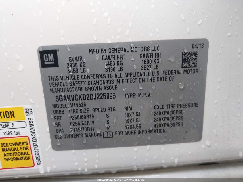 2013 Buick Enclave Leather VIN: 5GAKVCKD2DJ225095 Lot: 43851405