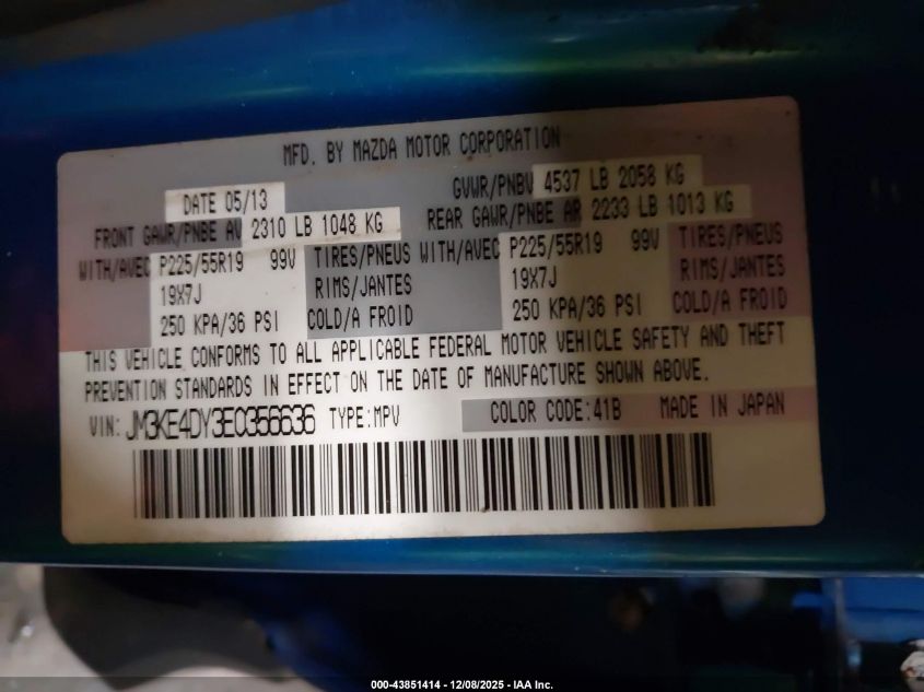 2014 Mazda Cx-5 Grand Touring VIN: JM3KE4DY3E0356636 Lot: 43851414