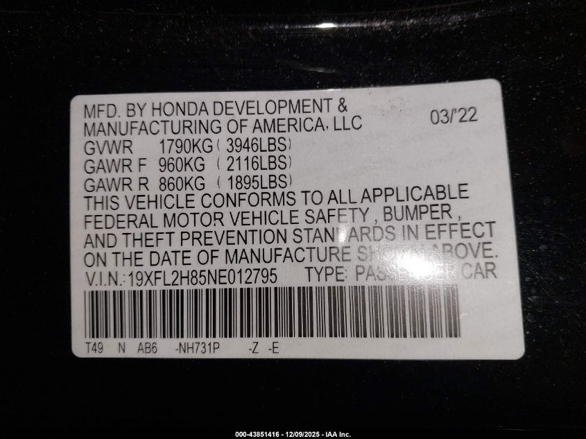 2022 Honda Civic Sport VIN: 19XFL2H85NE012795 Lot: 43851416