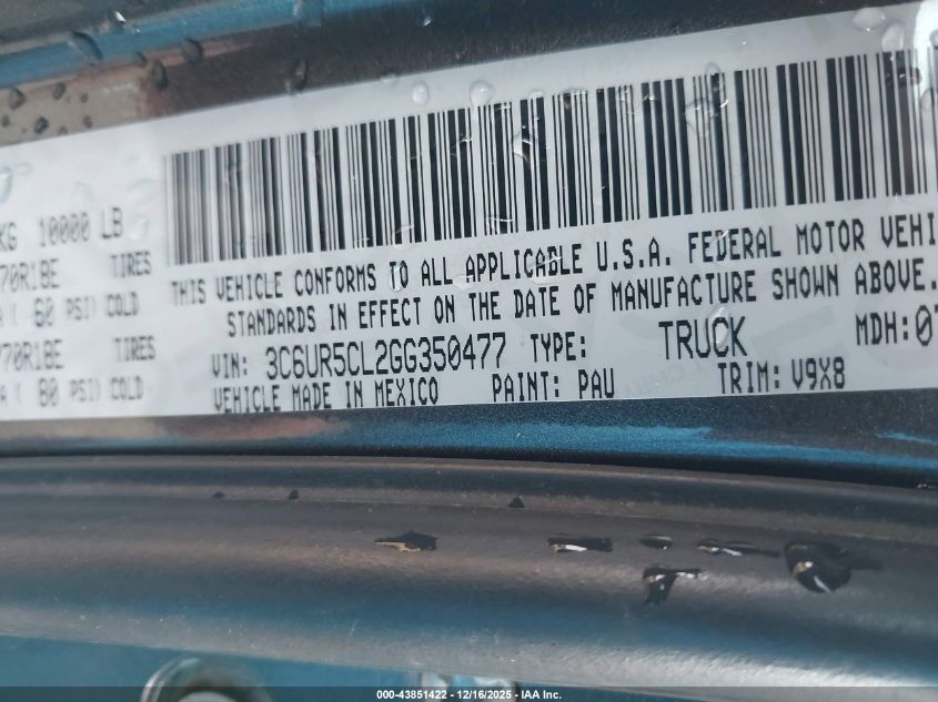 2016 Ram 2500 Tradesman VIN: 3C6UR5CL2GG350477 Lot: 43851422