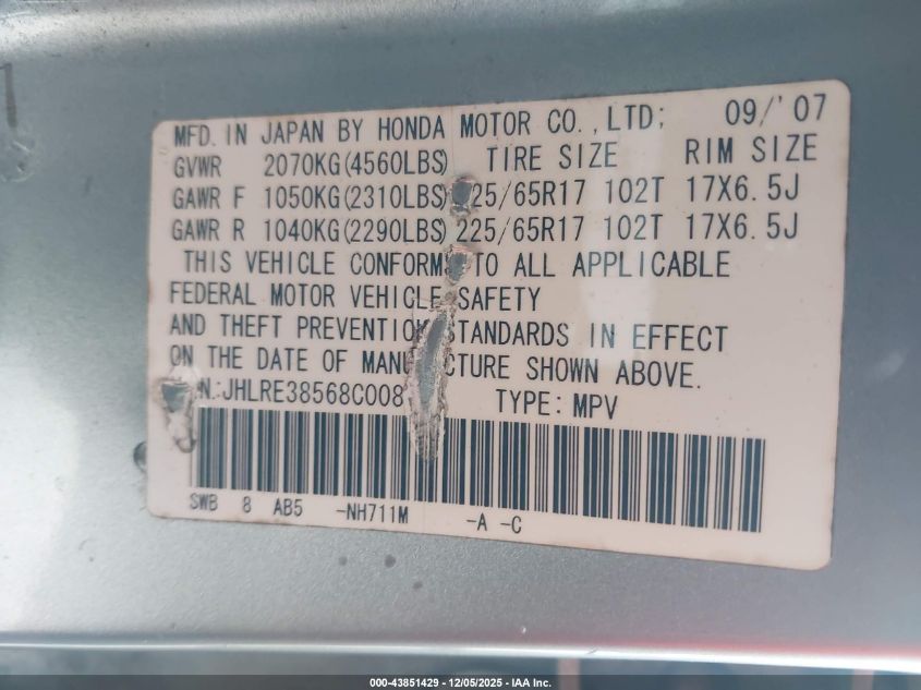 2008 Honda Cr-V Ex VIN: JHLRE38568C008711 Lot: 43851429