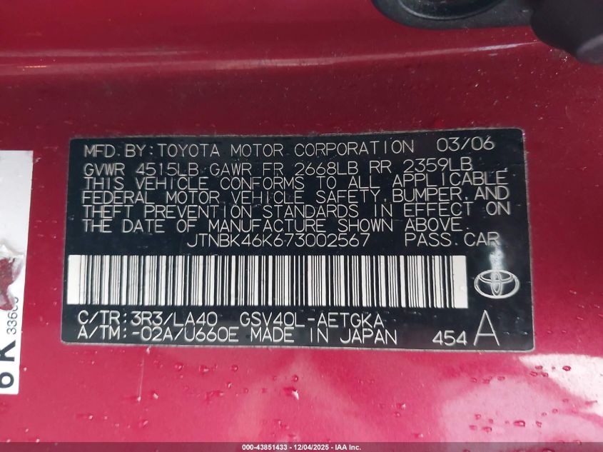 2007 Toyota Camry Xle V6 VIN: JTNBK46K673002567 Lot: 43851433