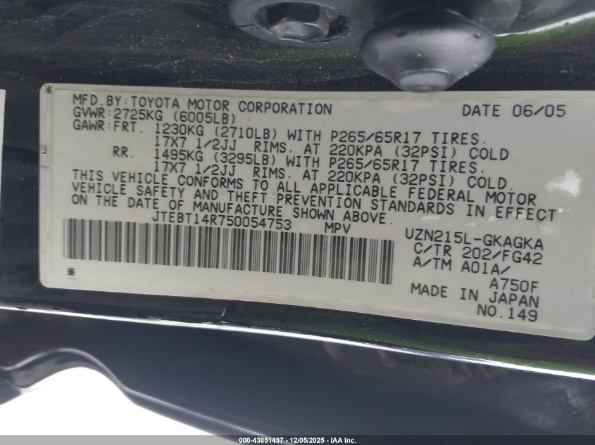 2005 Toyota 4Runner Sr5 V8 VIN: JTEBT14R750054753 Lot: 43851437