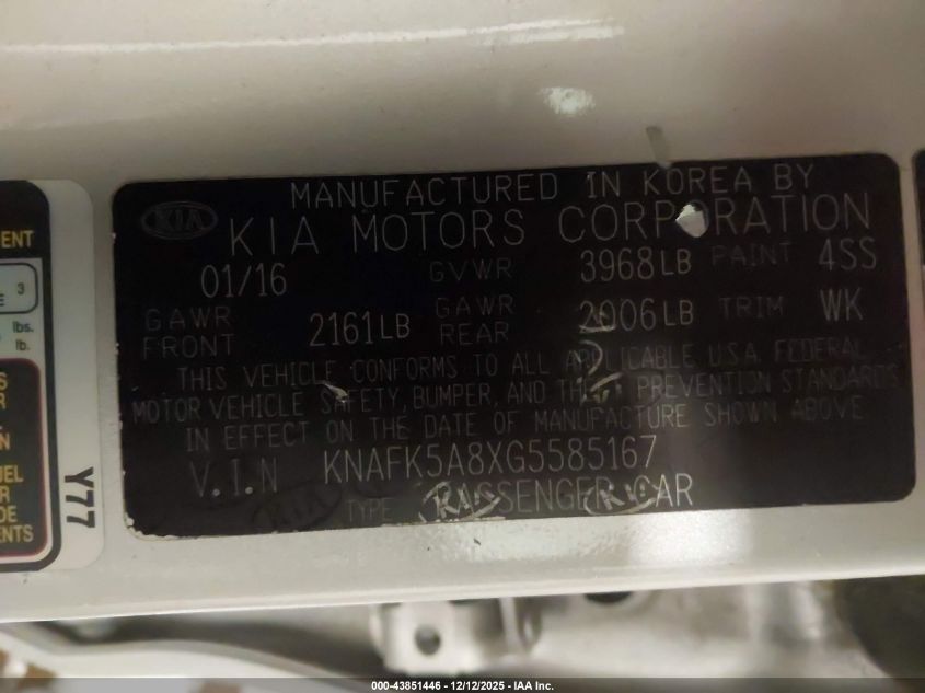 2016 Kia Forte Lx VIN: KNAFK5A8XG5585167 Lot: 43851446