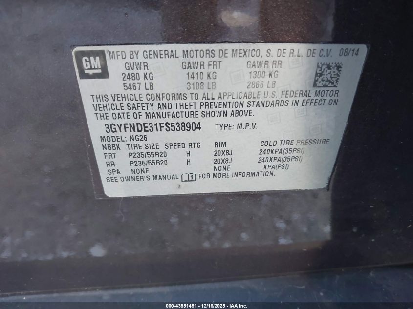 2015 Cadillac Srx Premium Collection VIN: 3GYFNDE31FS538904 Lot: 43851451