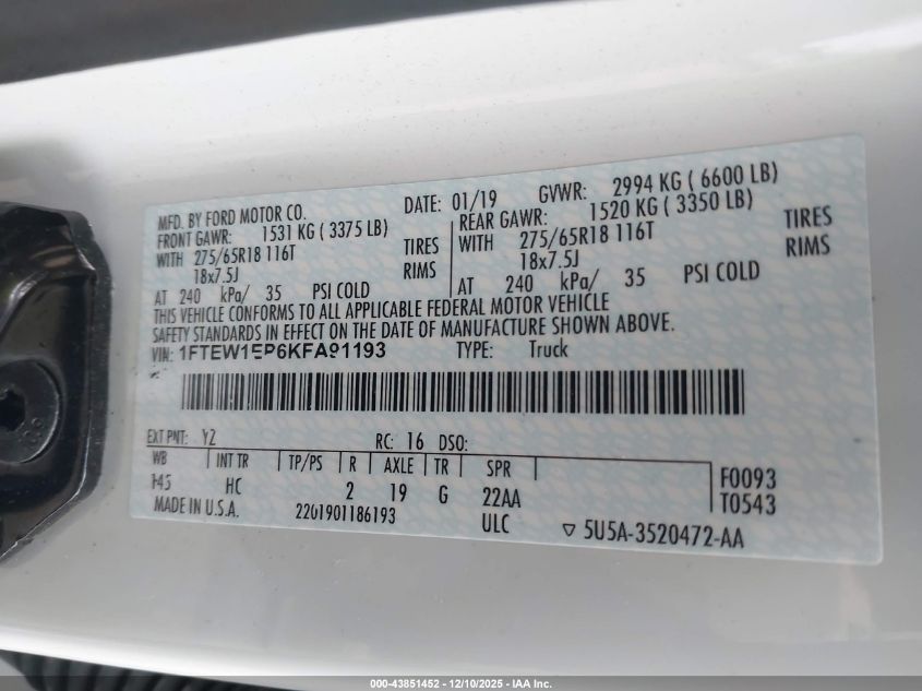 2019 Ford F-150 Lariat VIN: 1FTEW1EP6KFA91193 Lot: 43851452