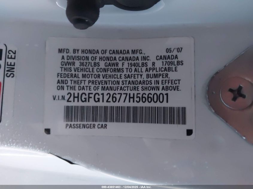 2007 Honda Civic Lx VIN: 2HGFG12677H566001 Lot: 43851463