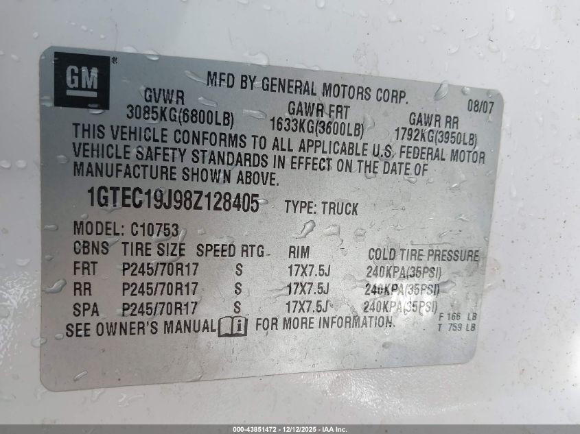 2008 GMC Sierra 1500 Work Truck VIN: 1GTEC19J98Z128405 Lot: 43851472