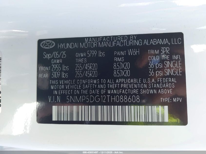 2026 Hyundai Santa Fe Hybrid Calligraphy VIN: 5NMP5DG12TH088608 Lot: 43851497