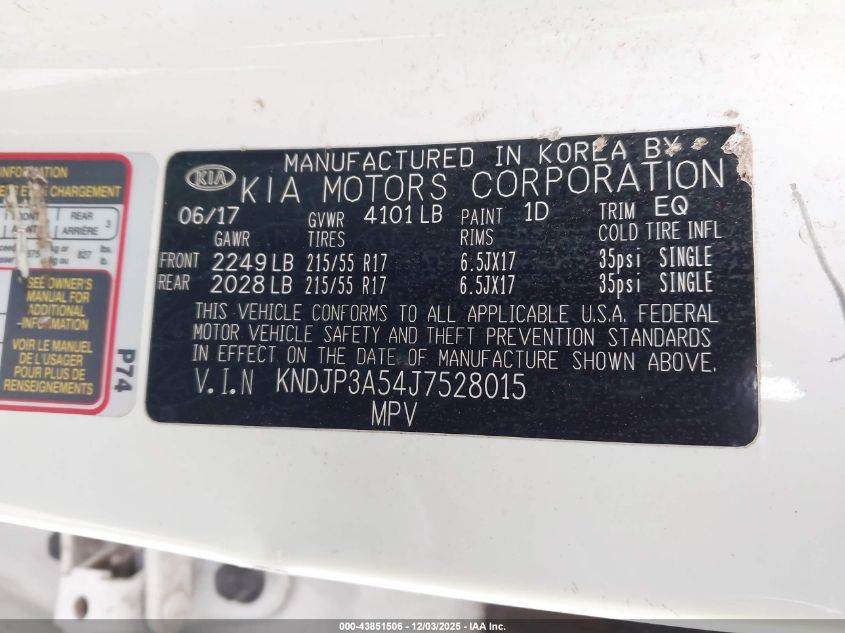 2018 Kia Soul + VIN: KNDJP3A54J7528015 Lot: 43851506