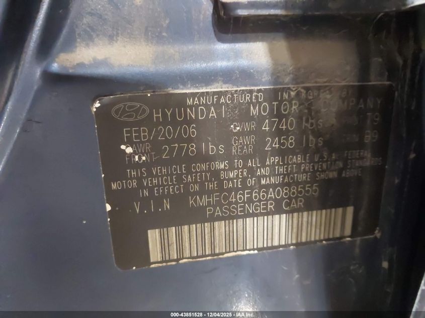 2006 Hyundai Azera Limited/Se VIN: KMHFC46F66A088555 Lot: 43851528