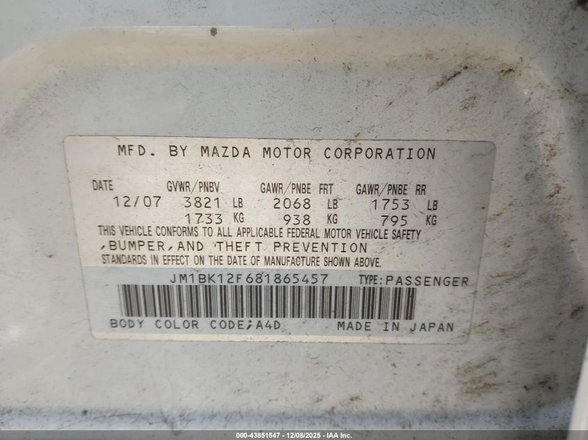 2008 Mazda Mazda3 I VIN: JM1BK12F681865457 Lot: 43851547