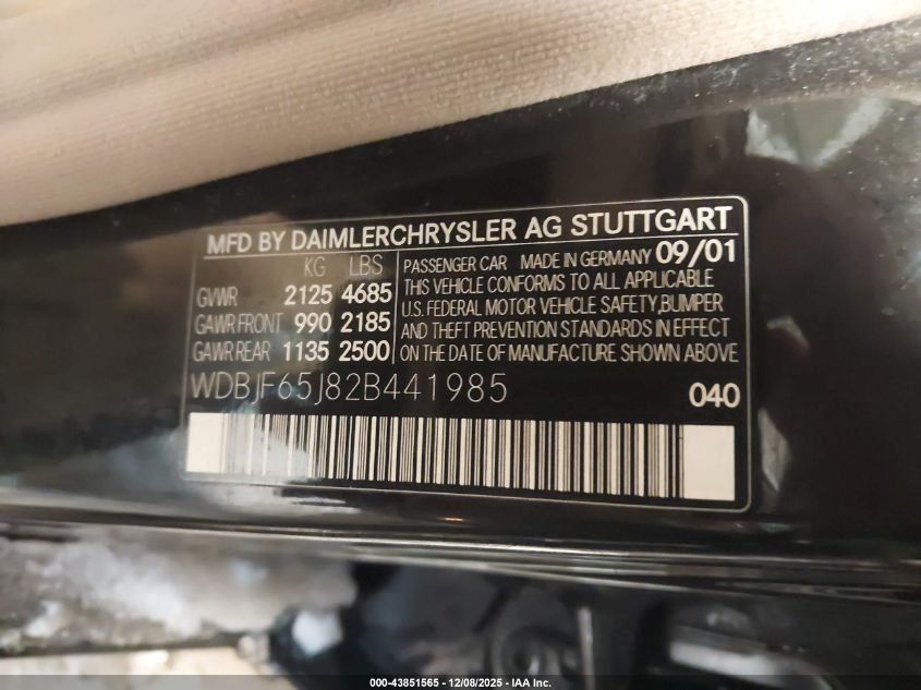 2002 Mercedes-Benz E 320 Special Edition VIN: WDBJF65J82B441985 Lot: 43851565