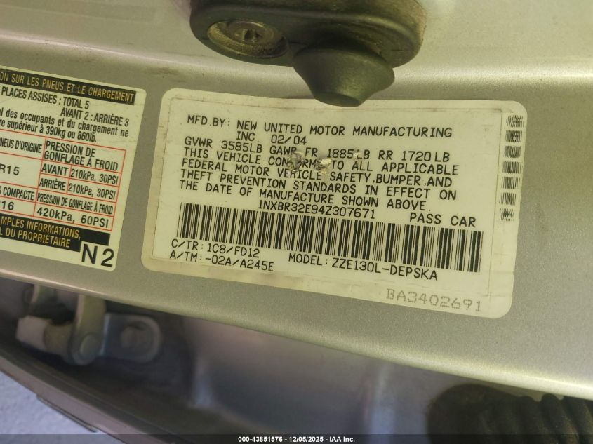 2004 Toyota Corolla S VIN: 1NXBR32E94Z307671 Lot: 43851576