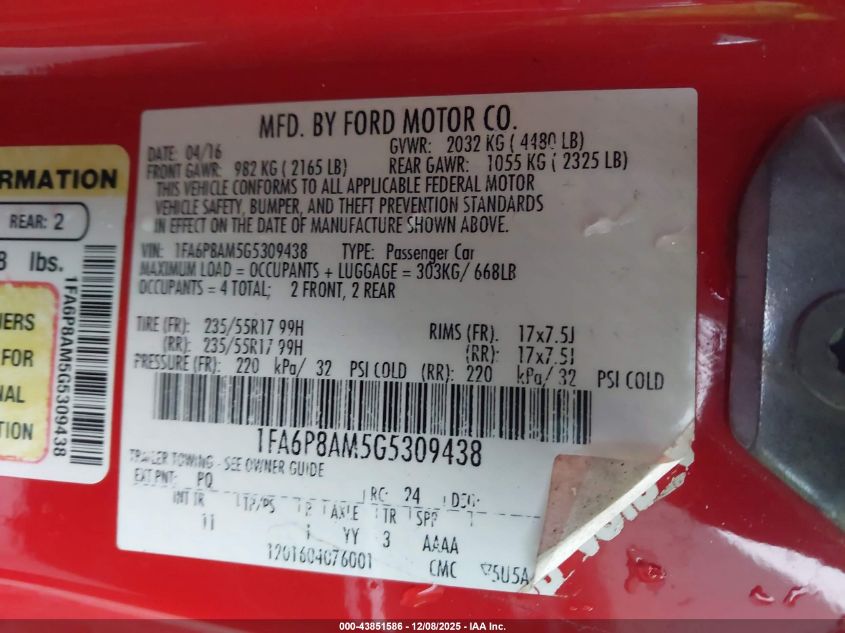 2016 Ford Mustang V6 VIN: 1FA6P8AM5G5309438 Lot: 43851586
