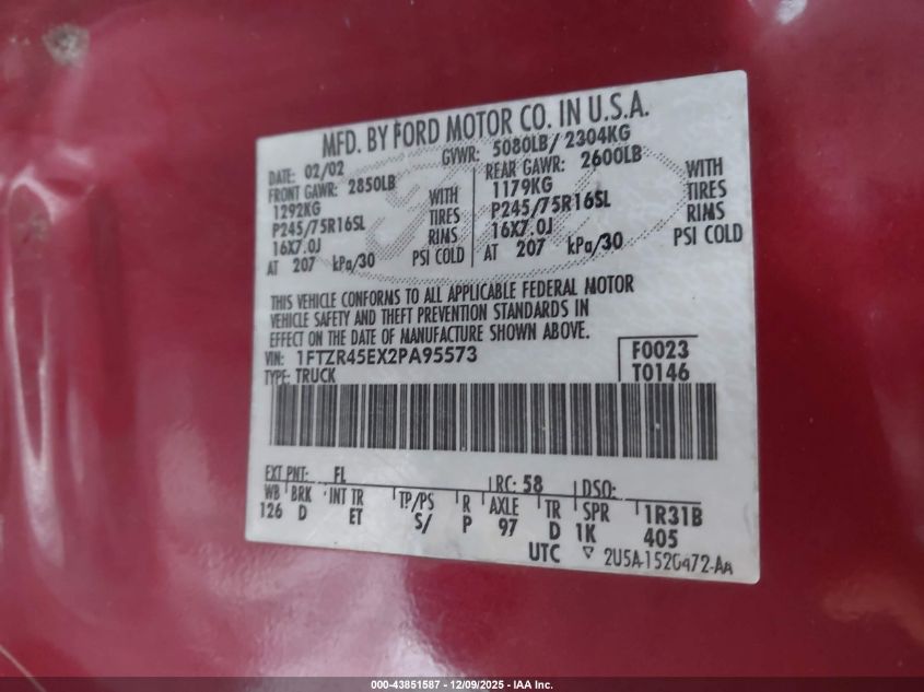 2002 Ford Ranger Edge/Xlt VIN: 1FTZR45EX2PA95573 Lot: 43851587